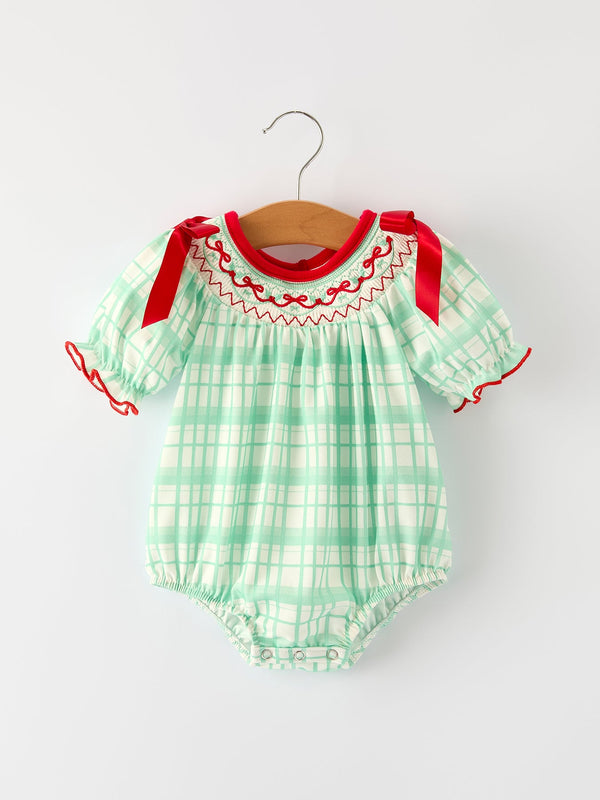 christmas-baby-girl-smock-embroidery-green-plaid-romper-Sophia's Style-Romper-1